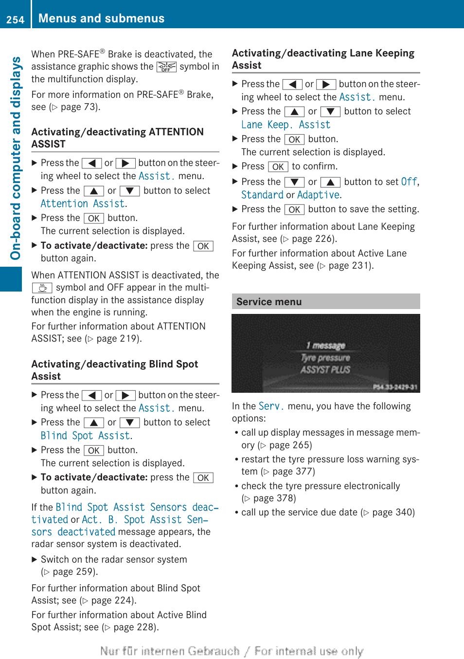 Service menu, Menu, Assist | On-board computer and displays, Menus and submenus | Mercedes-Benz 2013 GLS Class User Manual | Page 256 / 424