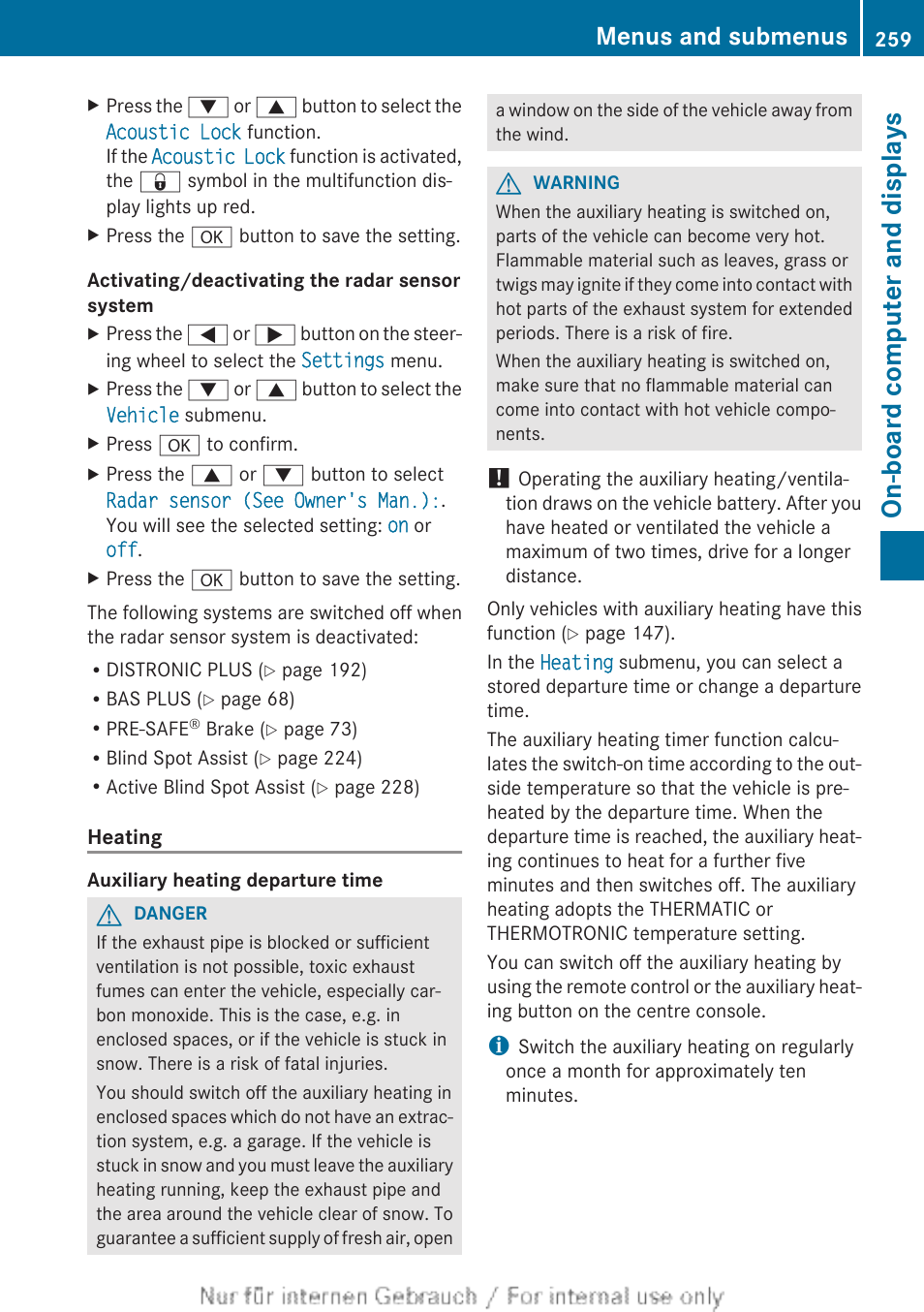 Switched on, Activated, May be preselected | On-board computer and displays, Menus and submenus | Mercedes-Benz 2013 GLS Class User Manual | Page 261 / 424