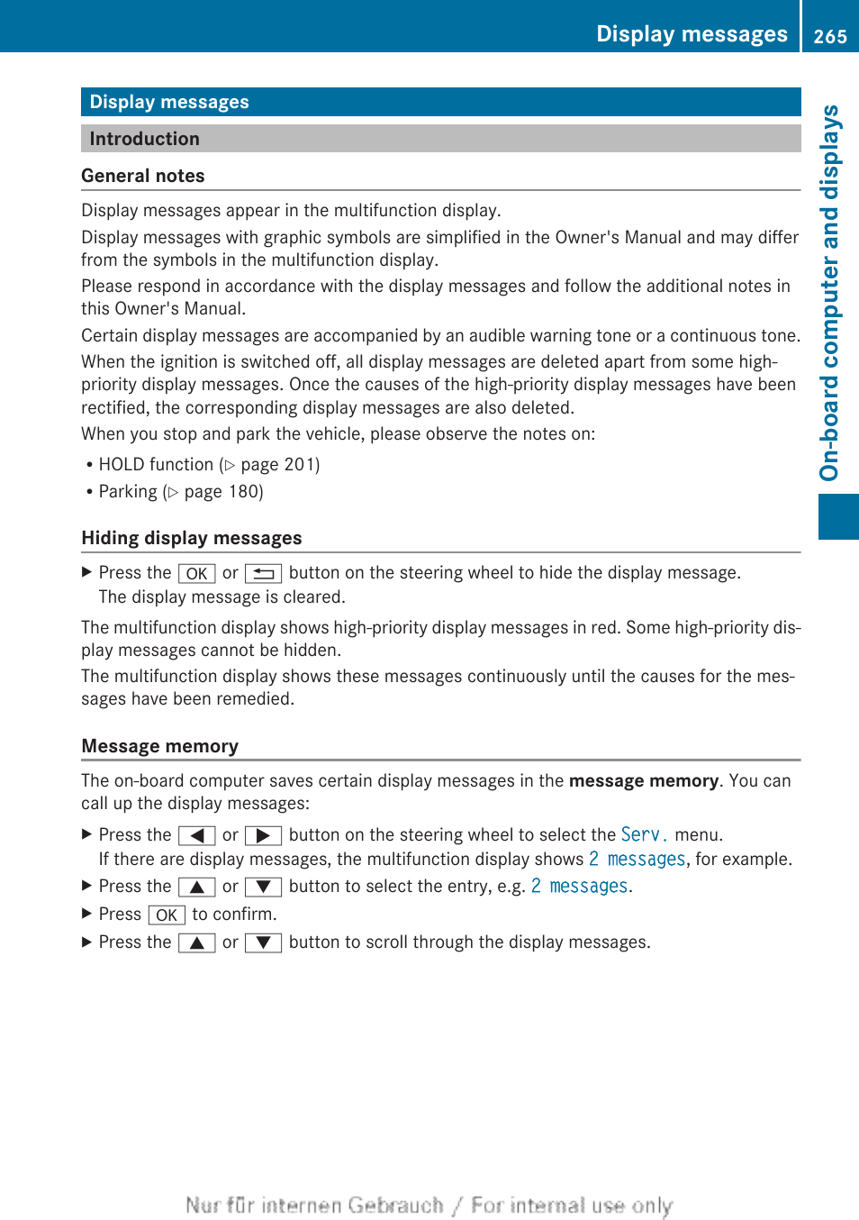 Display messages, Introduction, Indicator immediately | On-board computer and displays | Mercedes-Benz 2013 GLS Class User Manual | Page 267 / 424