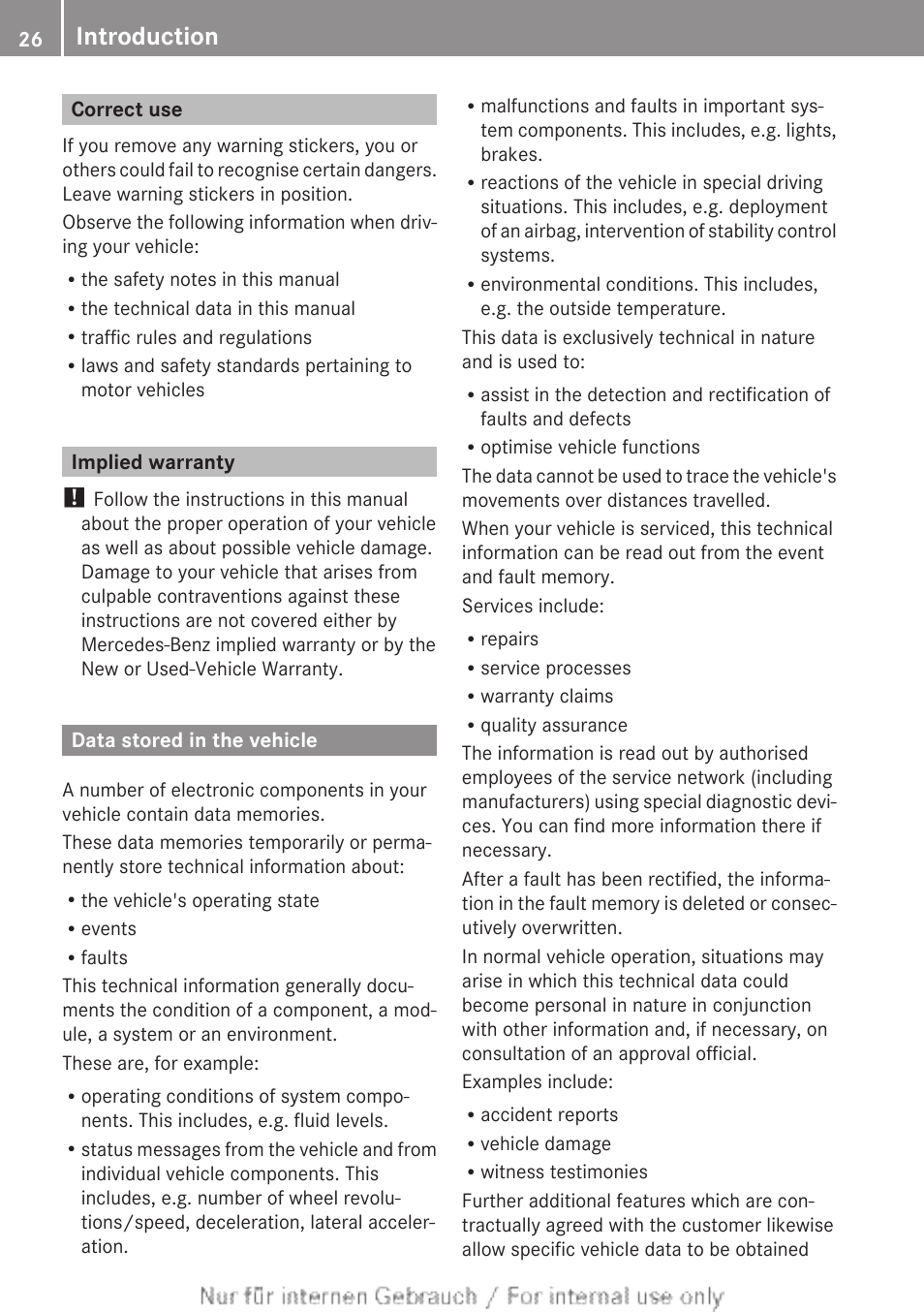 Correct use, Implied warranty, Data stored in the vehicle | Introduction | Mercedes-Benz 2013 GLS Class User Manual | Page 28 / 424