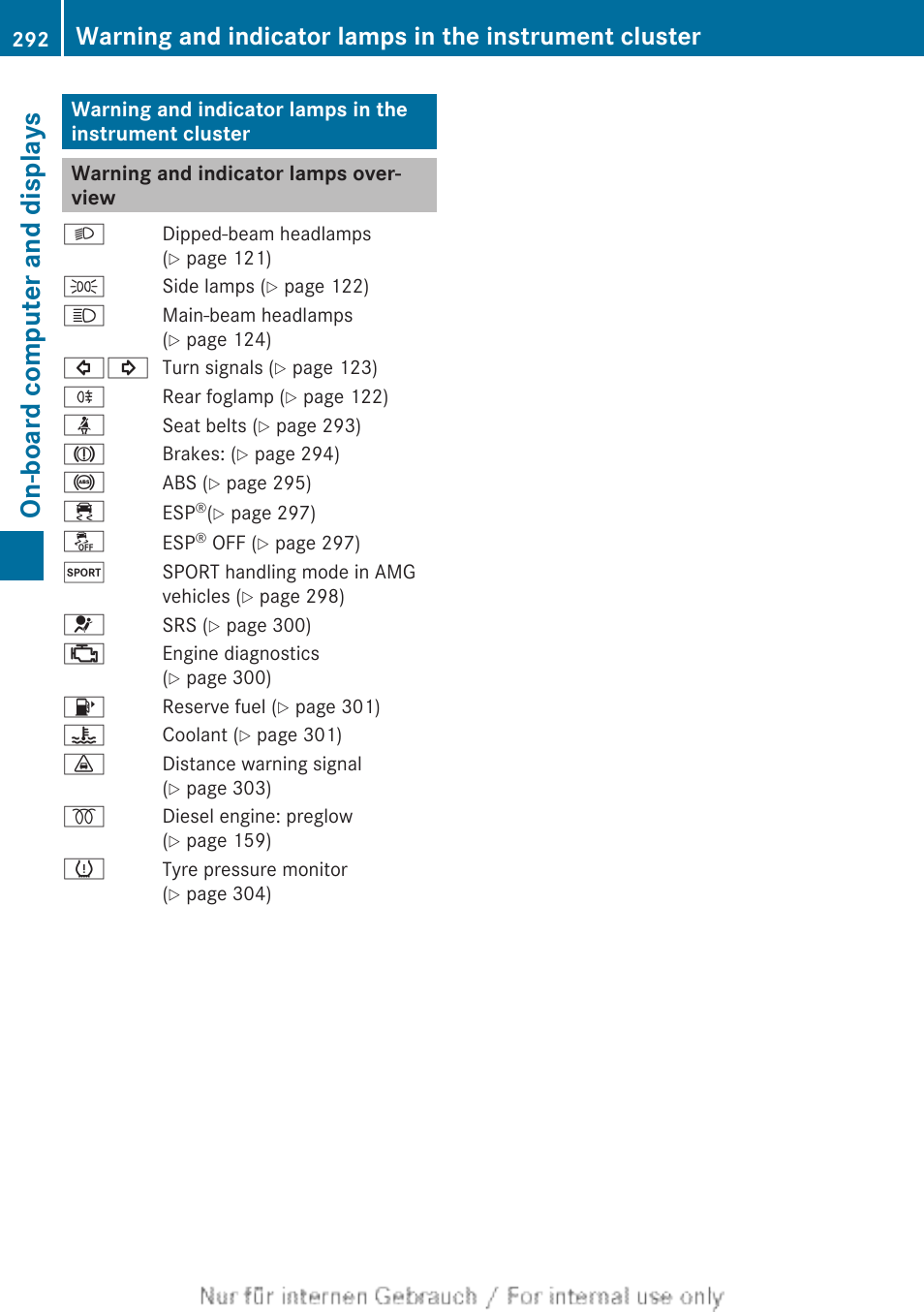 Warning and indicator lamps overview, Warning and indicator lamps in the, Instrument cluster | On-board computer and displays | Mercedes-Benz 2013 GLS Class User Manual | Page 294 / 424