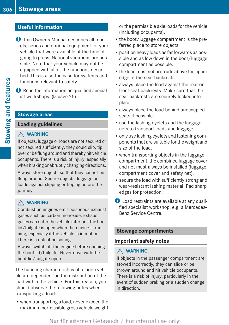 Stowing and features, Useful information, Stowage areas | Loading guidelines, Stowage compartments, Guidelines | Mercedes-Benz 2013 GLS Class User Manual | Page 308 / 424