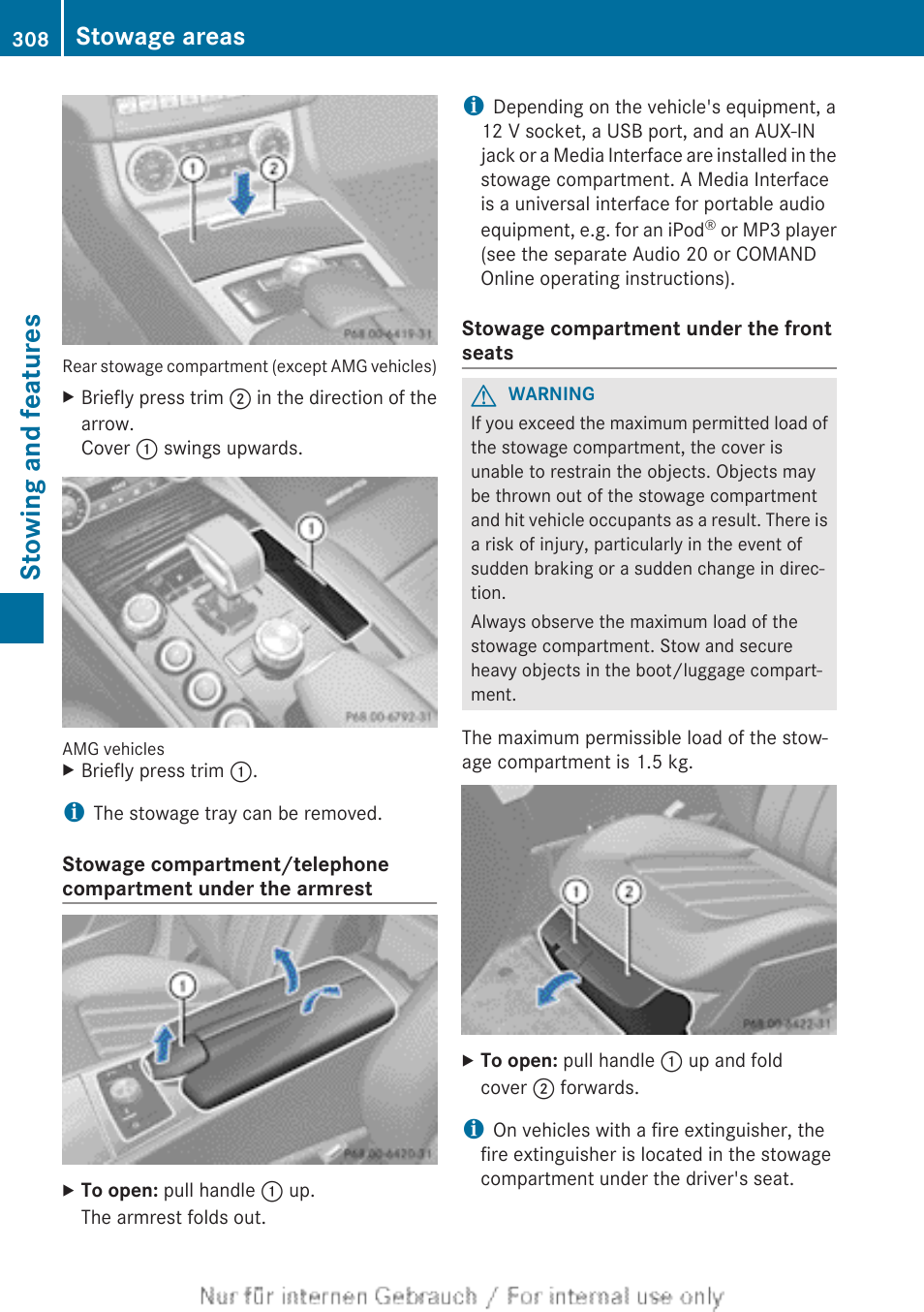 Stowing and features, Stowage areas | Mercedes-Benz 2013 GLS Class User Manual | Page 310 / 424