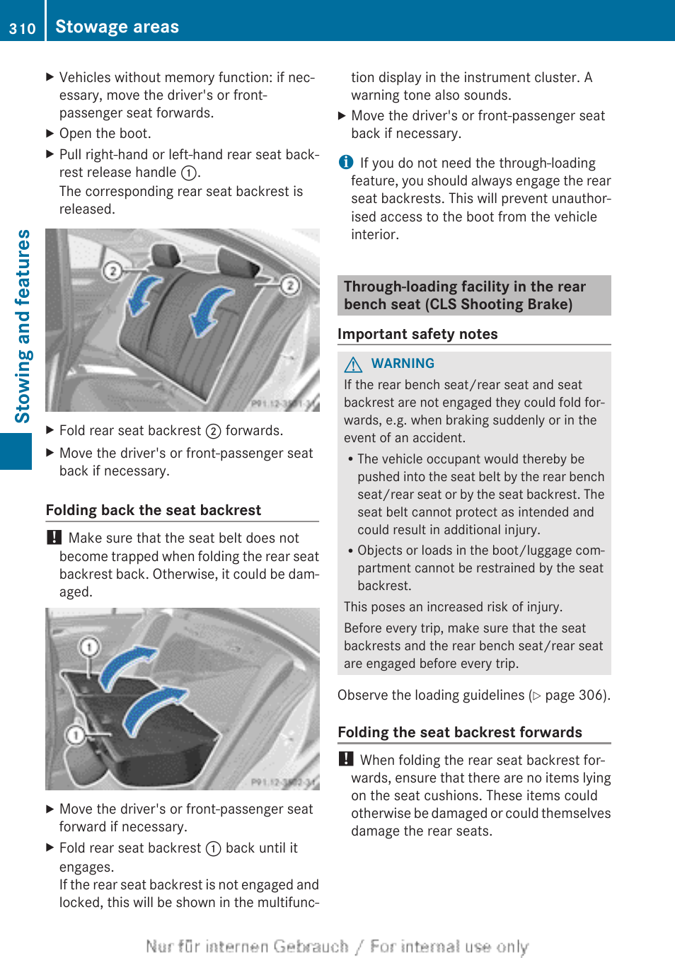 Stowing and features, Stowage areas | Mercedes-Benz 2013 GLS Class User Manual | Page 312 / 424