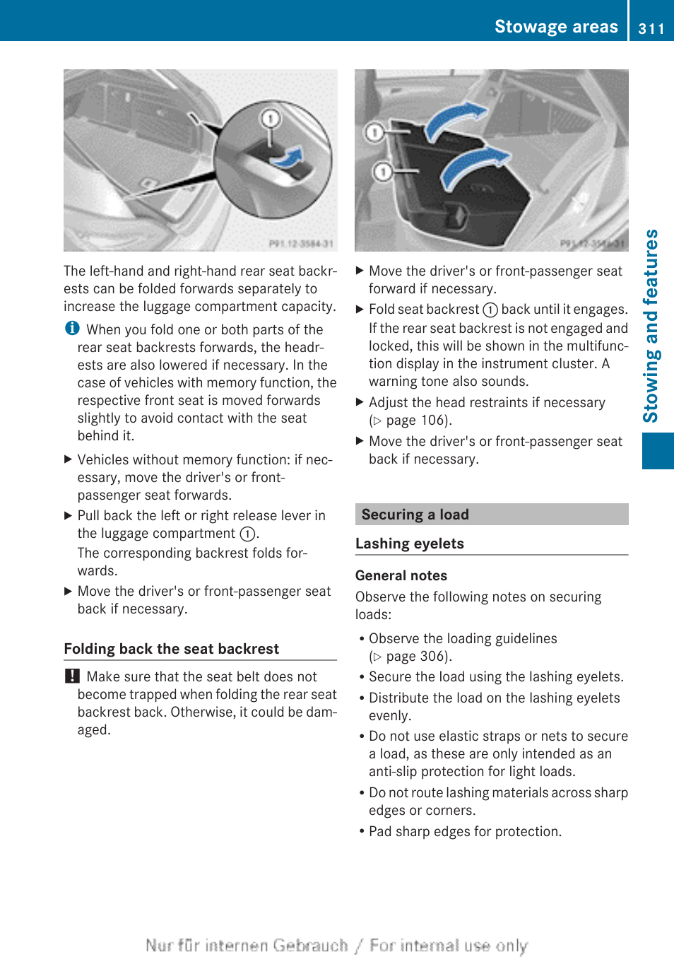 Securing a load, Stowing and features, Stowage areas | Mercedes-Benz 2013 GLS Class User Manual | Page 313 / 424