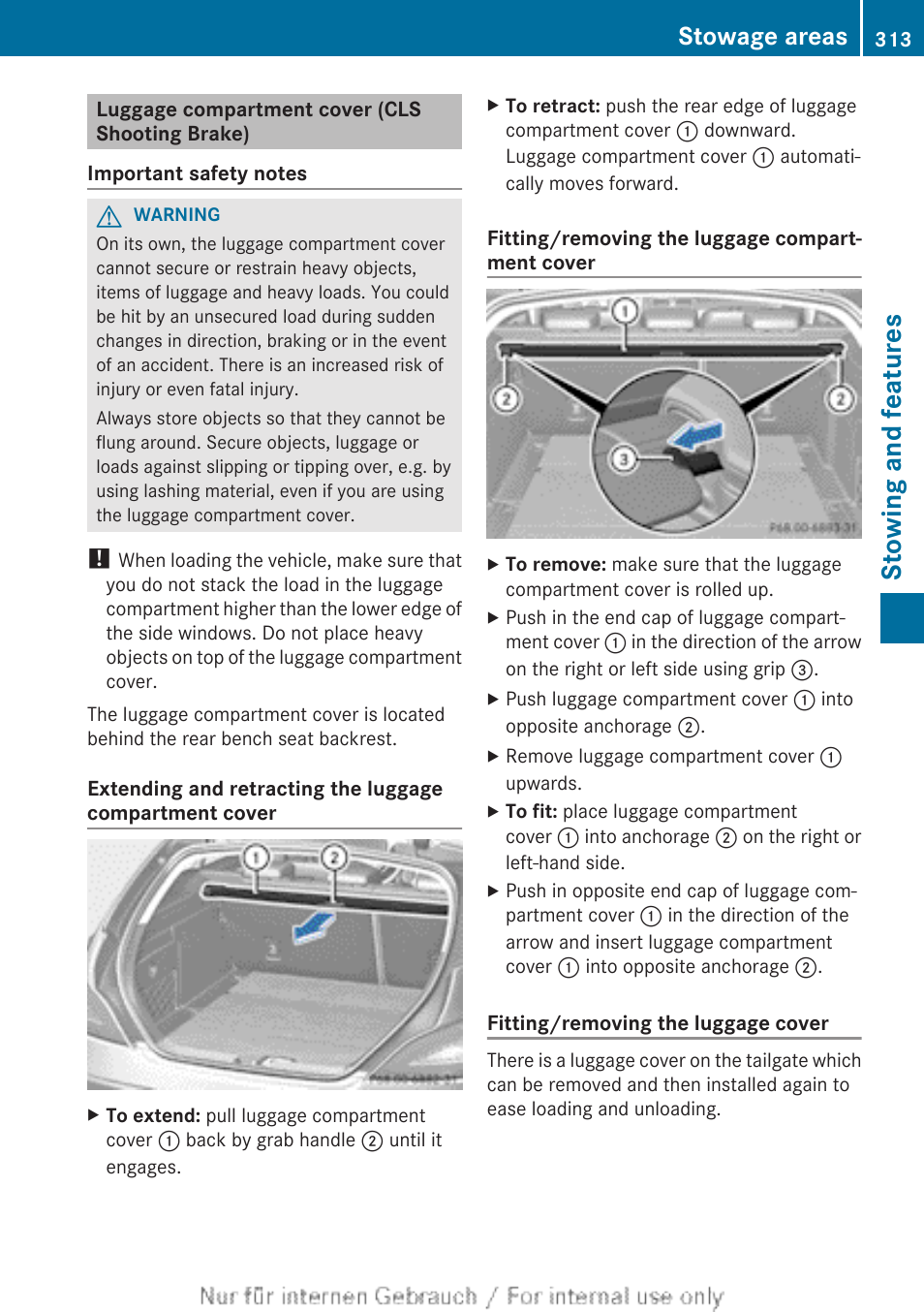 Luggage compartment cover (cls shooting brake), Stowing and features, Stowage areas | Mercedes-Benz 2013 GLS Class User Manual | Page 315 / 424