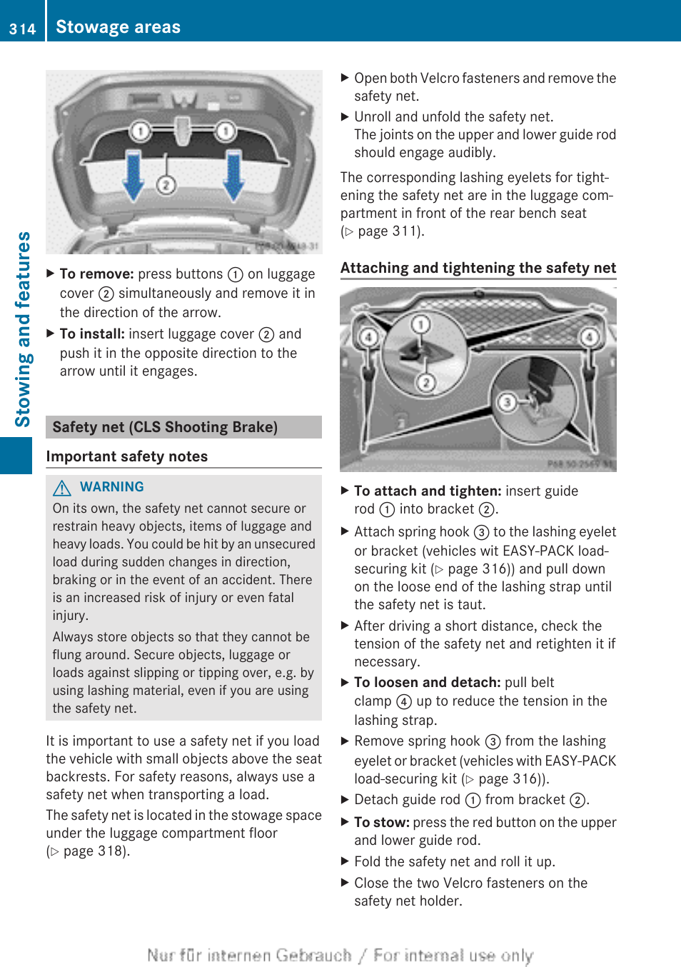 Safety net (cls shooting brake), Stowing and features, Stowage areas | Mercedes-Benz 2013 GLS Class User Manual | Page 316 / 424