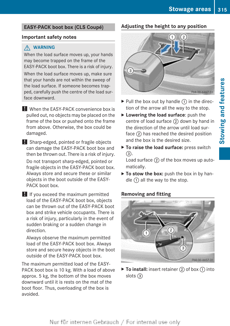 Easy-pack boot box (cls coupé), Stowing and features, Stowage areas | Mercedes-Benz 2013 GLS Class User Manual | Page 317 / 424