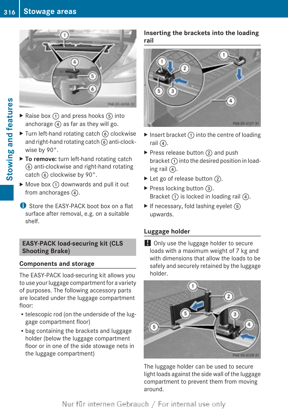 Easy-pack load-securing kit (cls shooting brake), Securing kit, Load-securing kit | Stowing and features, Stowage areas | Mercedes-Benz 2013 GLS Class User Manual | Page 318 / 424