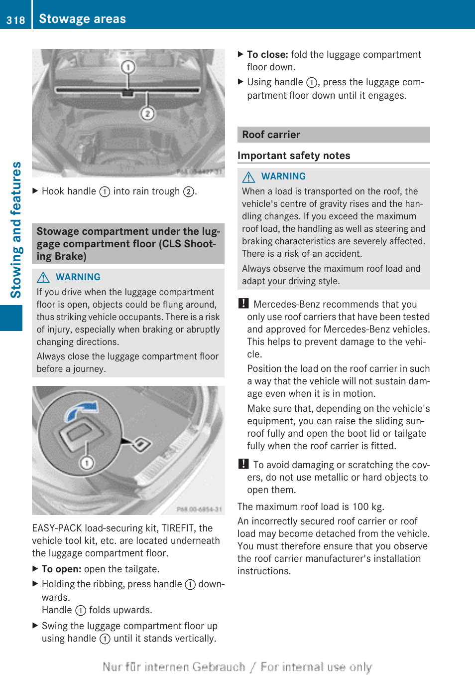 Roof carrier, Stowing and features, Stowage areas | Mercedes-Benz 2013 GLS Class User Manual | Page 320 / 424