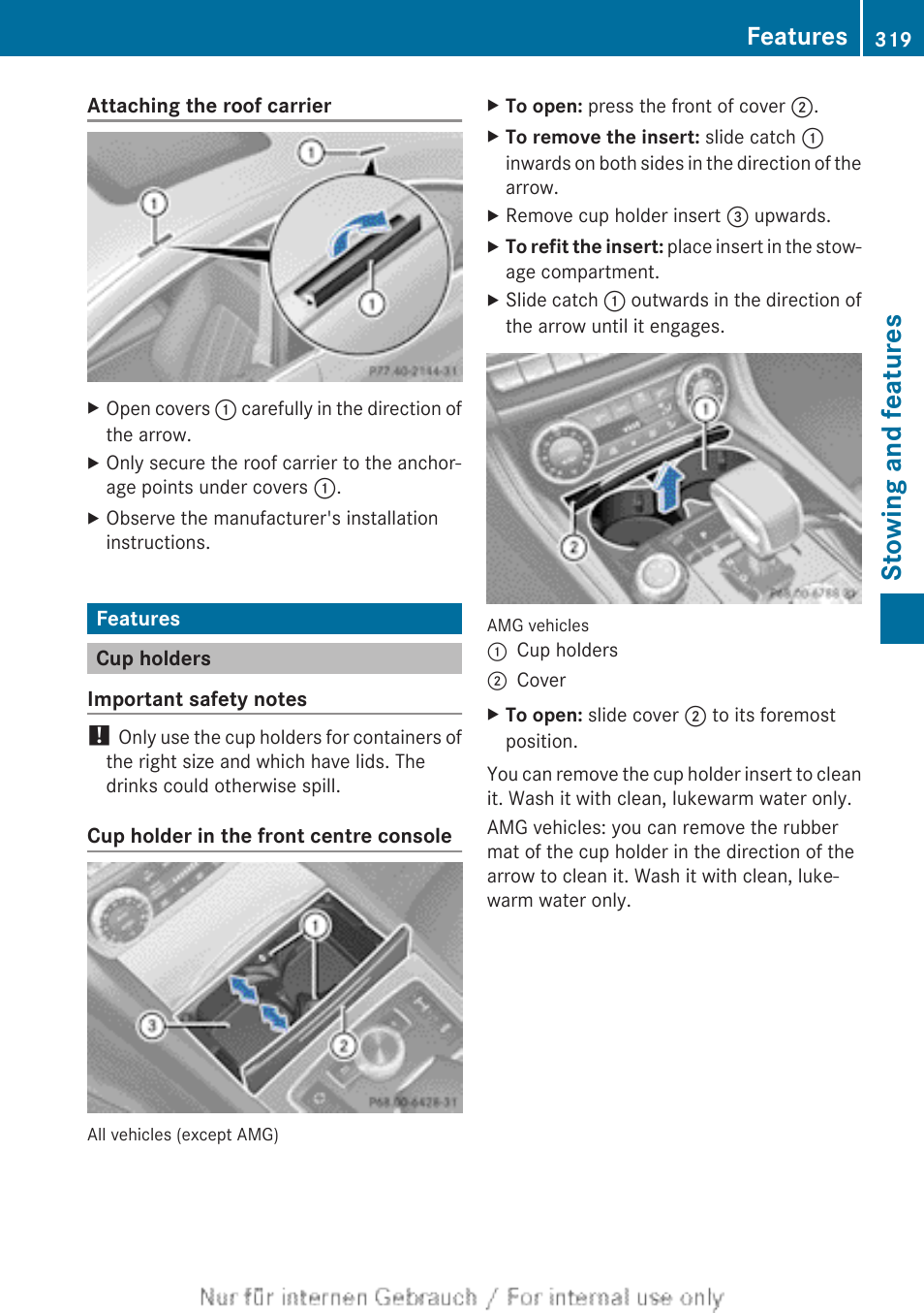 Features, Cup holders, Stowing and features | Mercedes-Benz 2013 GLS Class User Manual | Page 321 / 424