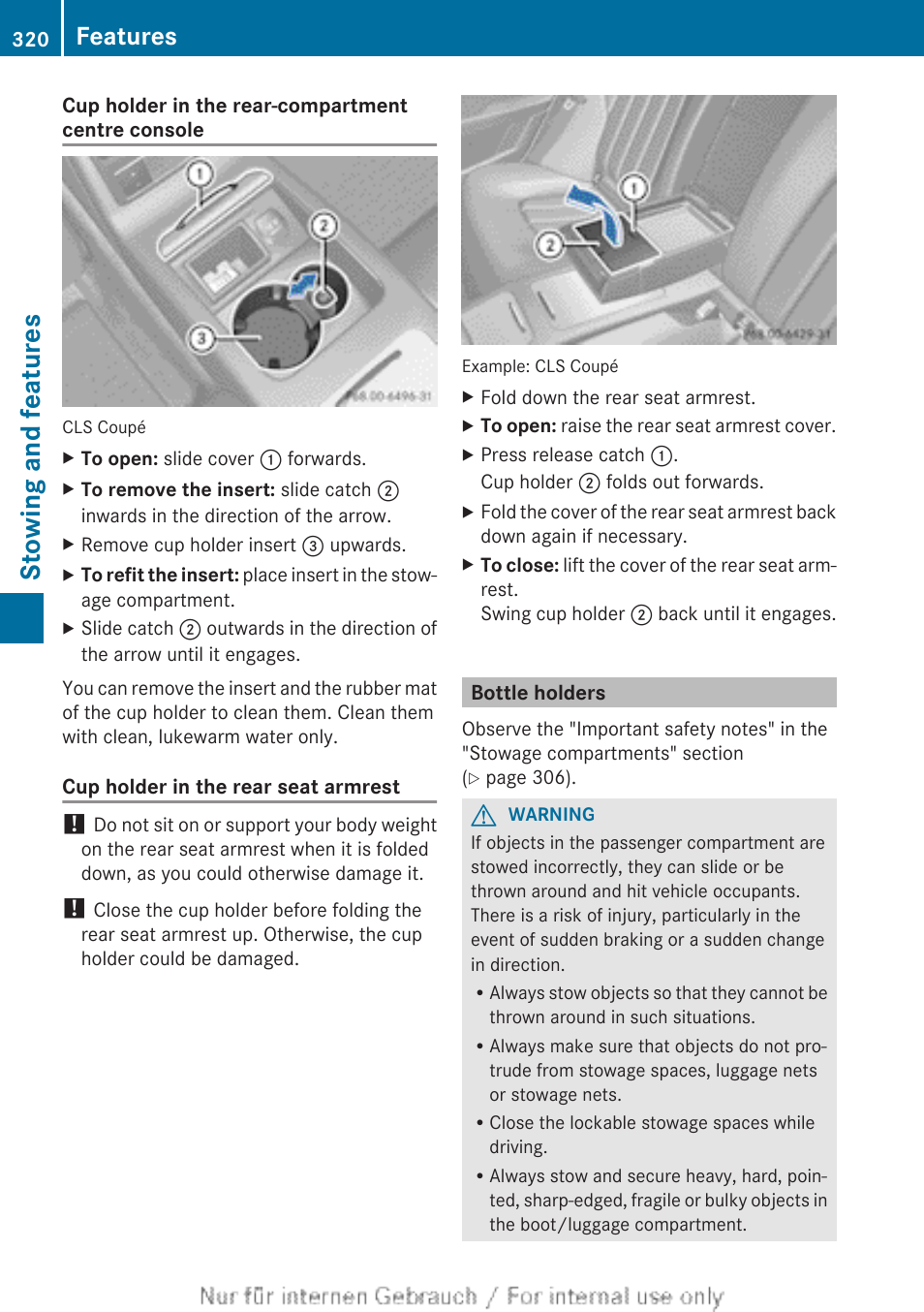 Bottle holders, Stowing and features, Features | Mercedes-Benz 2013 GLS Class User Manual | Page 322 / 424