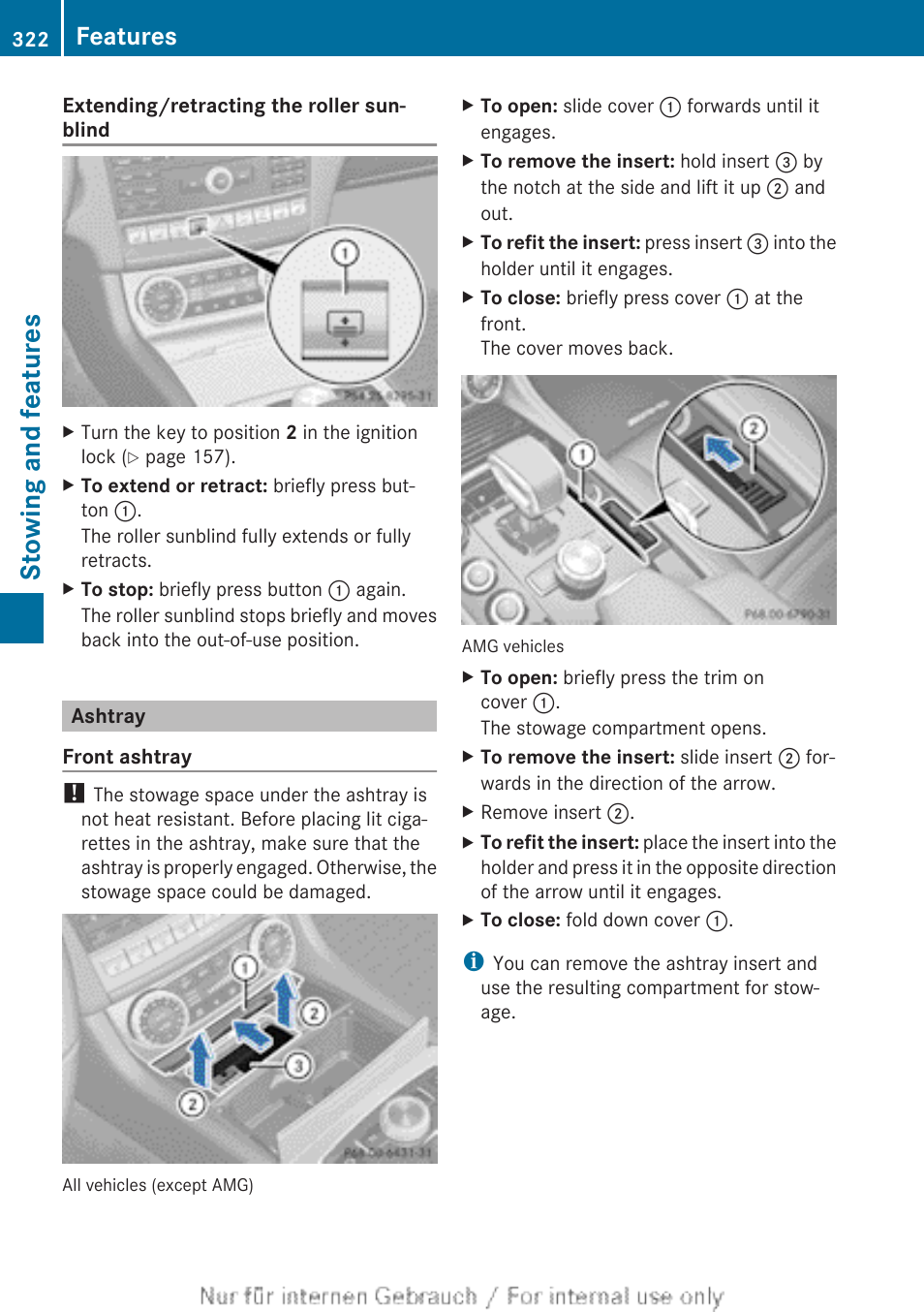 Ashtray, Stowing and features, Features | Mercedes-Benz 2013 GLS Class User Manual | Page 324 / 424