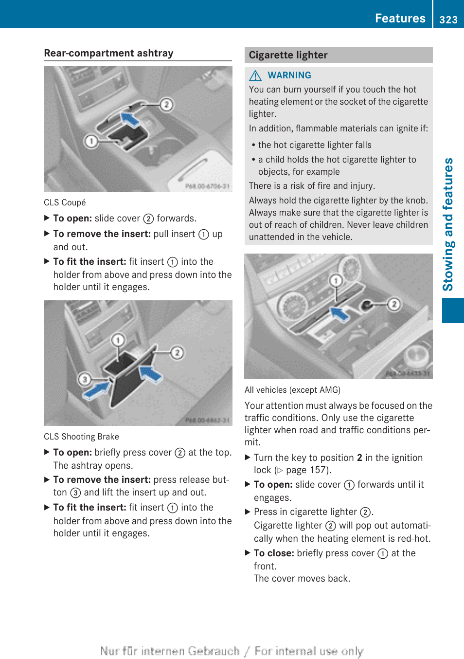 Cigarette lighter, Stowing and features, Features | Mercedes-Benz 2013 GLS Class User Manual | Page 325 / 424