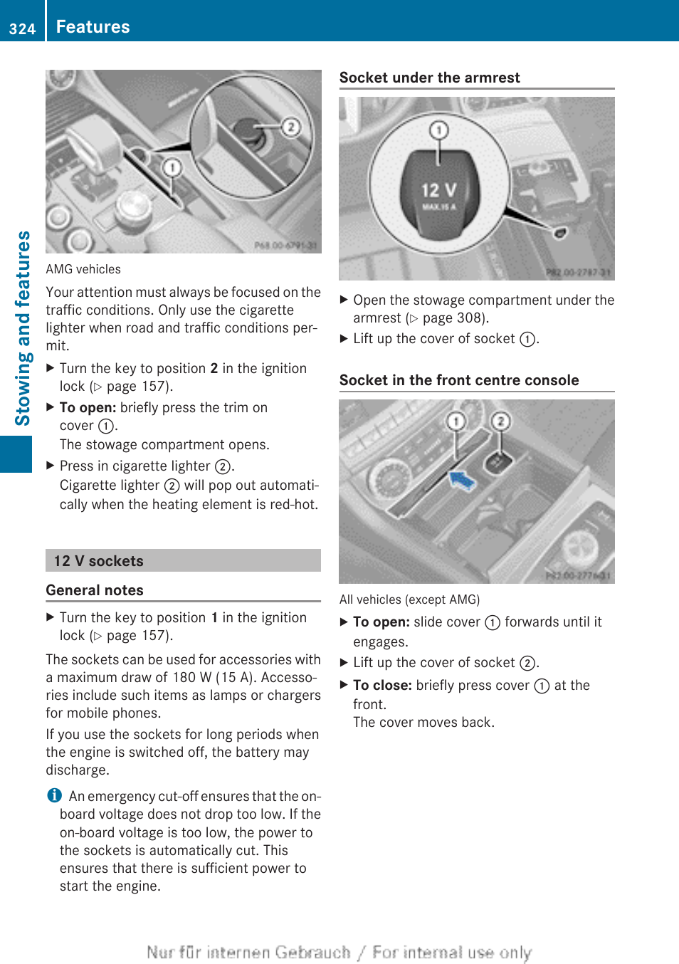 12 v sockets, Stowing and features, Features | Mercedes-Benz 2013 GLS Class User Manual | Page 326 / 424