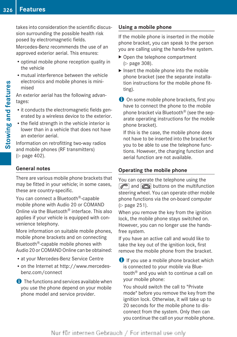 Stowing and features, Features | Mercedes-Benz 2013 GLS Class User Manual | Page 328 / 424