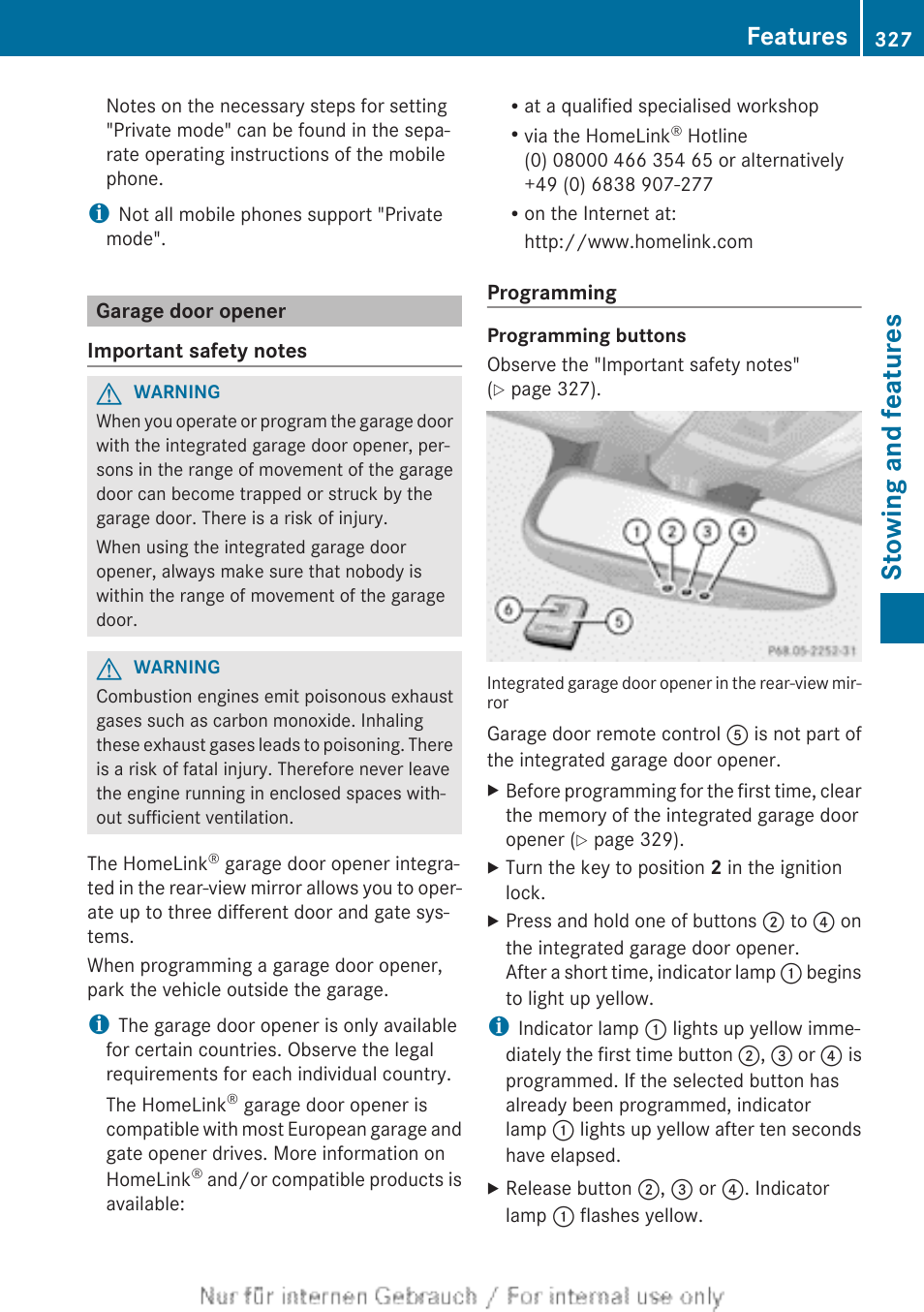 Garage door opener, Stowing and features, Features | Mercedes-Benz 2013 GLS Class User Manual | Page 329 / 424