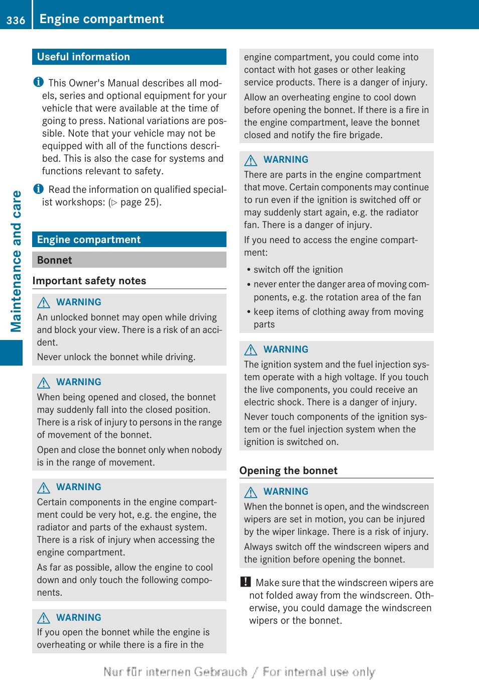 Maintenance and care, Useful information, Engine compartment | Bonnet | Mercedes-Benz 2013 GLS Class User Manual | Page 338 / 424