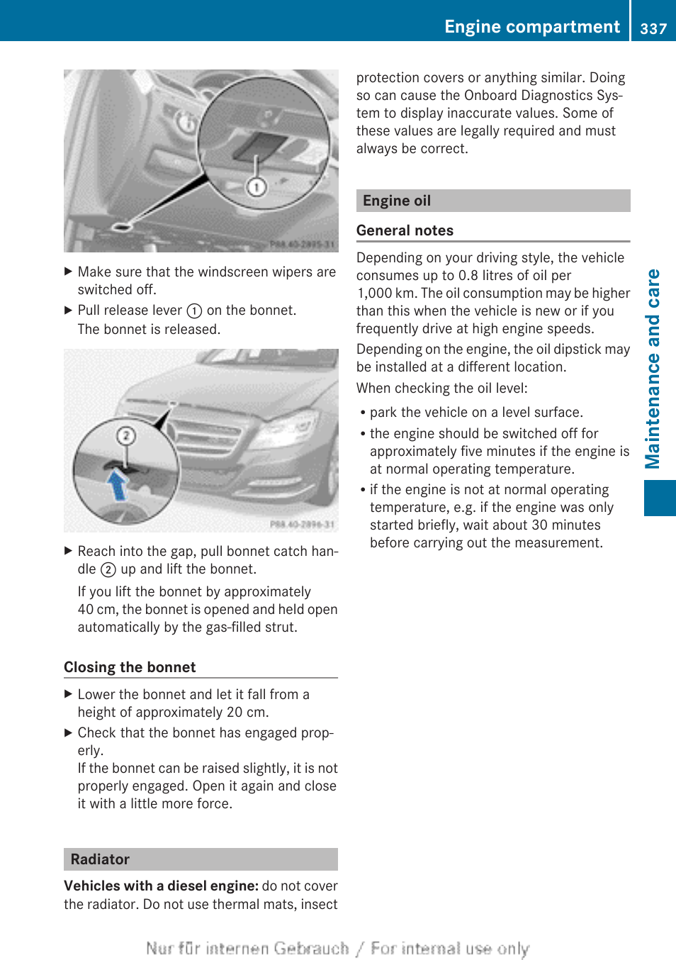 Radiator, Engine oil, Maintenance and care | Engine compartment | Mercedes-Benz 2013 GLS Class User Manual | Page 339 / 424