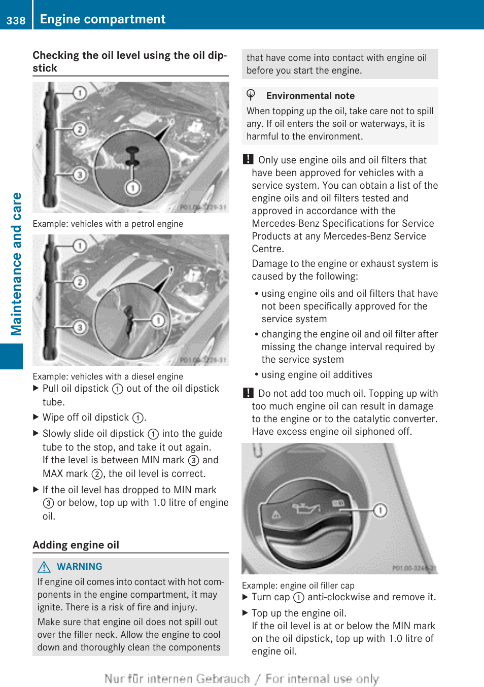 If necessary, top up the engine oil, Maintenance and care, Engine compartment | Mercedes-Benz 2013 GLS Class User Manual | Page 340 / 424