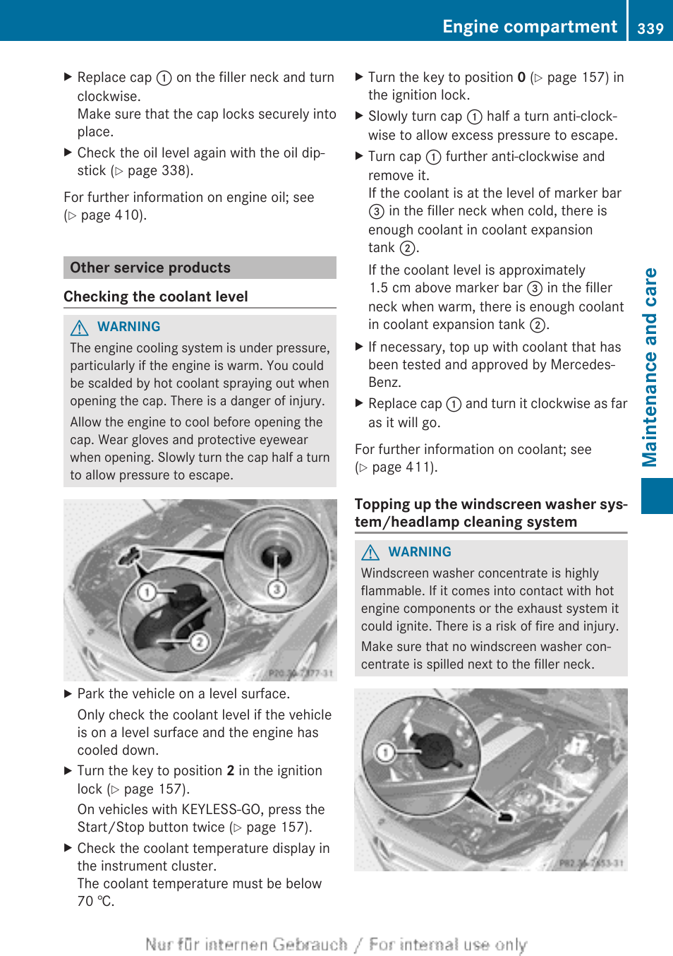 Other service products, Top up the washer fluid, Warning notes | Maintenance and care, Engine compartment | Mercedes-Benz 2013 GLS Class User Manual | Page 341 / 424