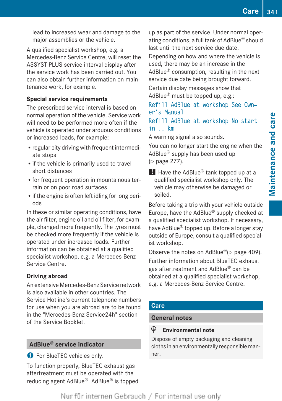 Adblue® service indicator, Care, General notes | Maintenance and care | Mercedes-Benz 2013 GLS Class User Manual | Page 343 / 424