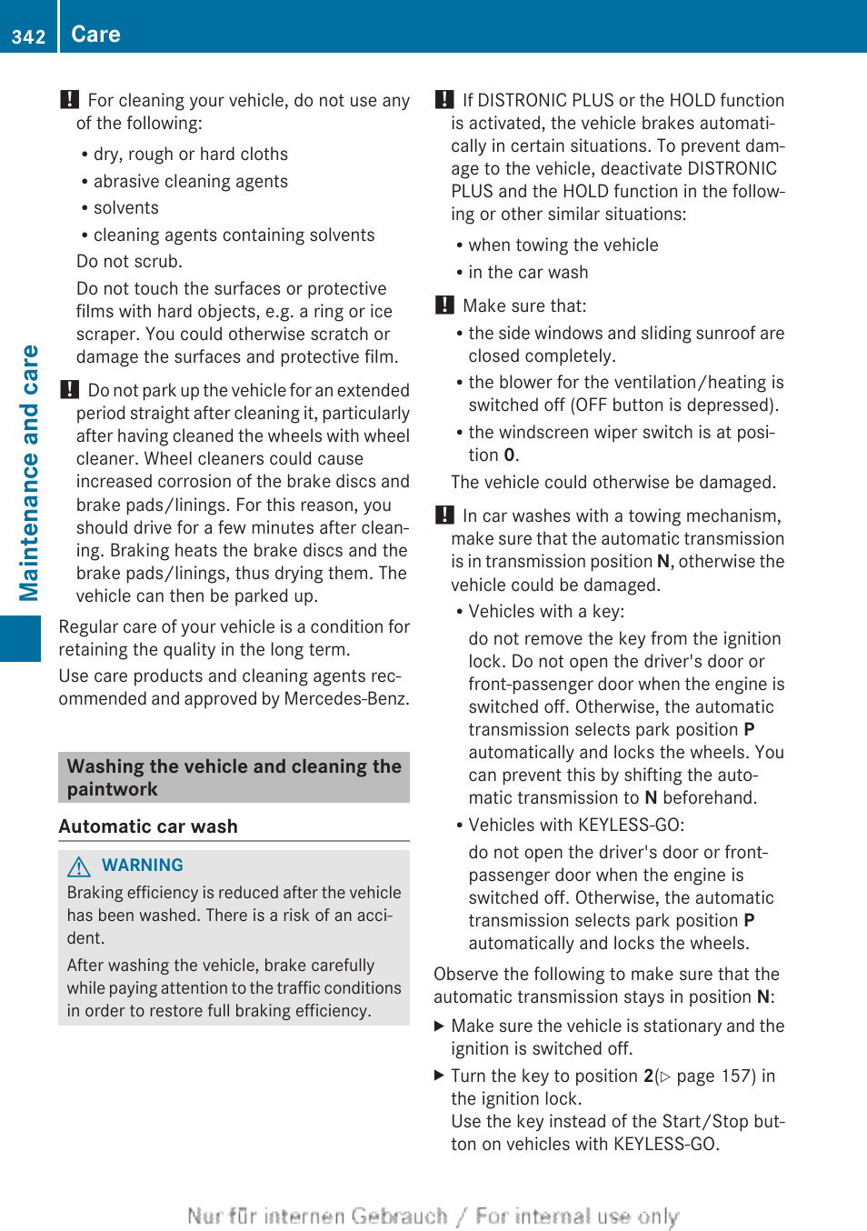 Washing the vehicle and cleaning the paintwork, Maintenance and care, Care | Mercedes-Benz 2013 GLS Class User Manual | Page 344 / 424