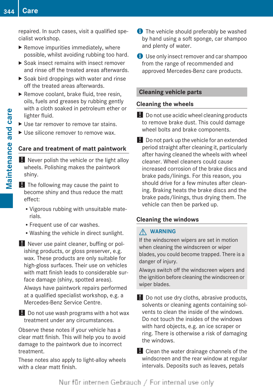 Cleaning vehicle parts, Cleaning, Clean the windscreen | Clean the inside of the windscreen, Maintenance and care, Care | Mercedes-Benz 2013 GLS Class User Manual | Page 346 / 424