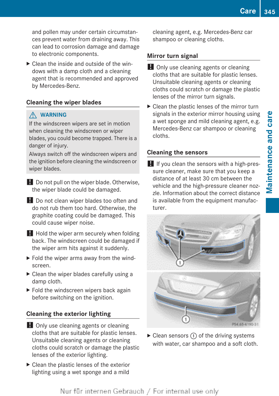 Clean the parktronic sensors, Clean the sensors, Maintenance and care | Care | Mercedes-Benz 2013 GLS Class User Manual | Page 347 / 424