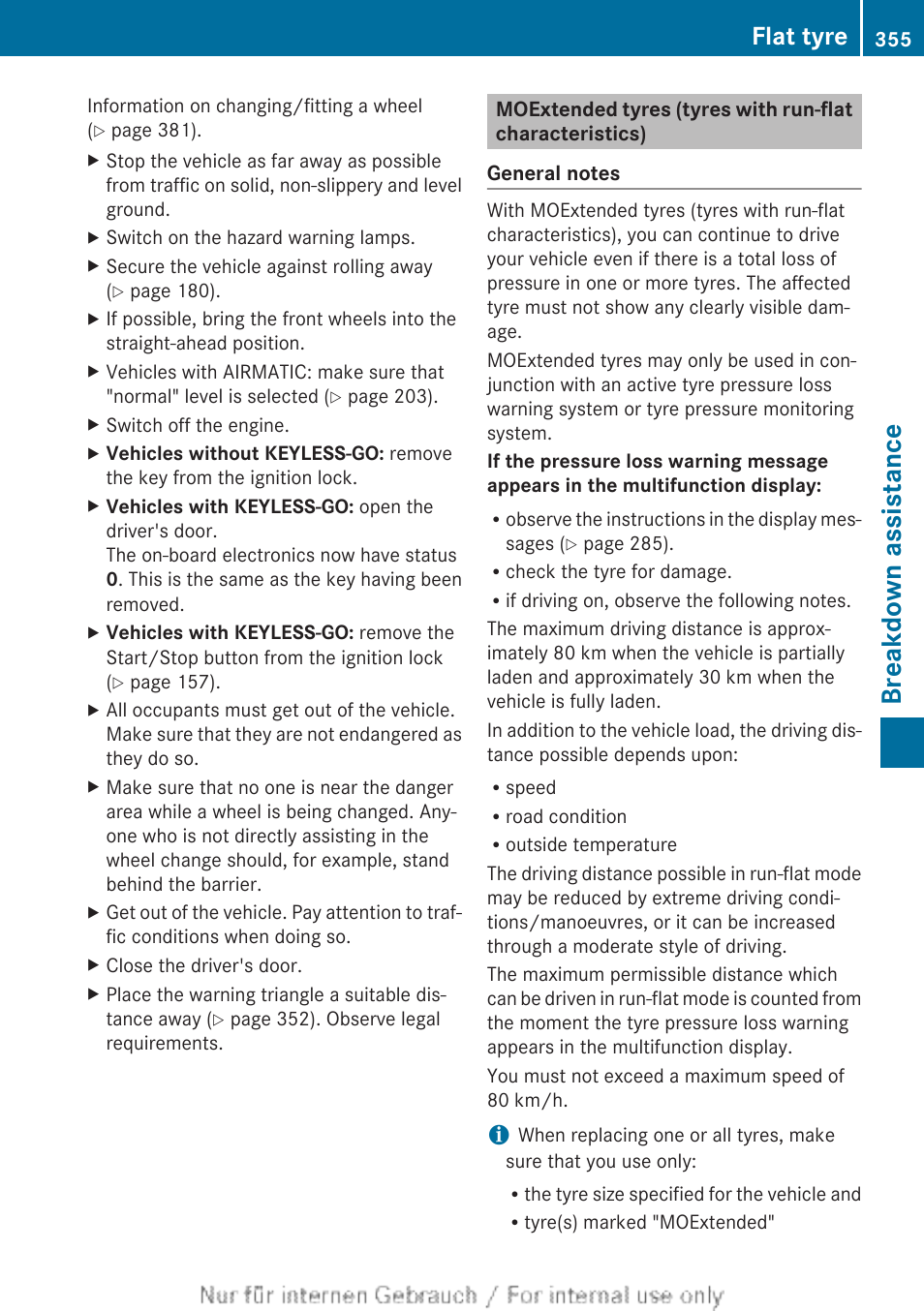 Acteristics), Breakdown assistance, Flat tyre | Mercedes-Benz 2013 GLS Class User Manual | Page 357 / 424