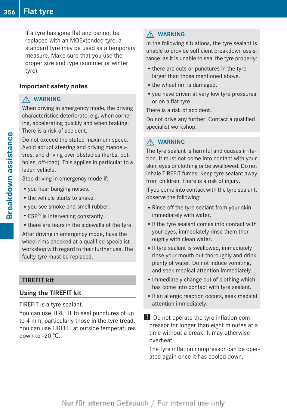 Tirefit kit, Breakdown assistance, Flat tyre | Mercedes-Benz 2013 GLS Class User Manual | Page 358 / 424