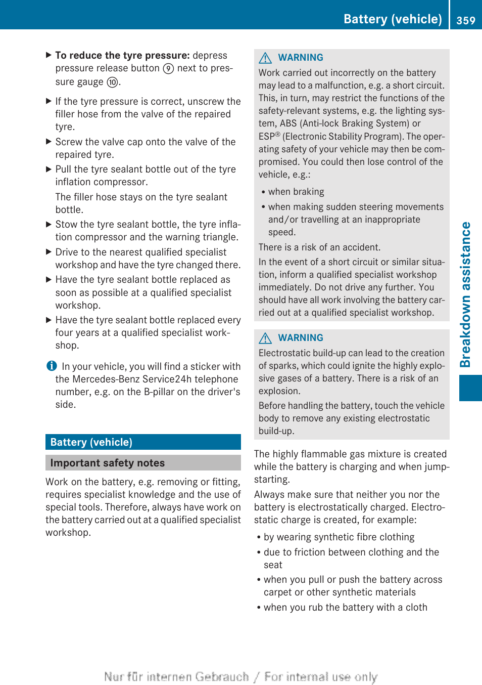 Battery (vehicle), Important safety notes, Breakdown assistance | Mercedes-Benz 2013 GLS Class User Manual | Page 361 / 424