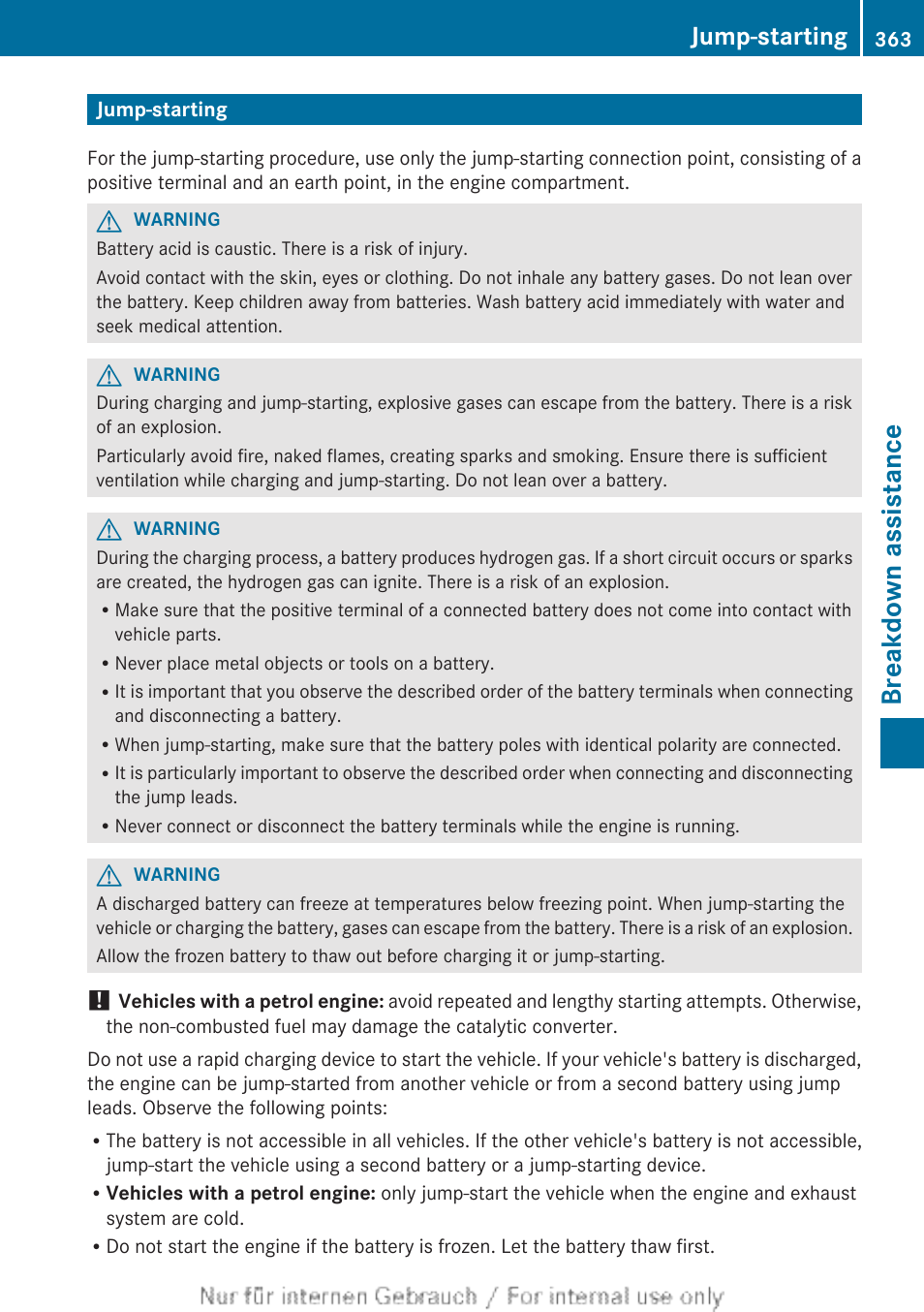 Jump-starting, Jump-start the vehicle, Engine compartment | Breakdown assistance | Mercedes-Benz 2013 GLS Class User Manual | Page 365 / 424