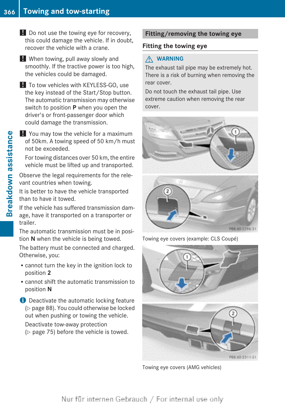 Fitting/removing the towing eye, Breakdown assistance, Towing and tow-starting | Mercedes-Benz 2013 GLS Class User Manual | Page 368 / 424