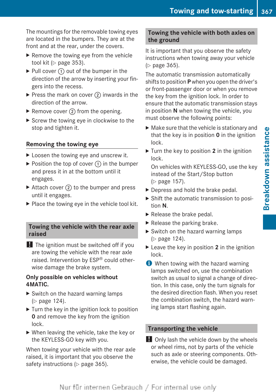 Towing the vehicle with the rear axle raised, Towing the vehicle with both axles on the ground, Transporting the vehicle | Breakdown assistance, Towing and tow-starting | Mercedes-Benz 2013 GLS Class User Manual | Page 369 / 424