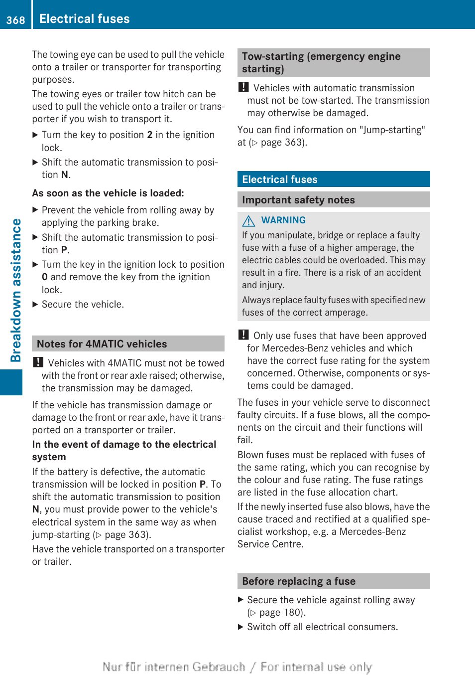 Notes for 4matic vehicles, Tow-starting (emergency engine starting), Electrical fuses | Important safety notes, Before replacing a fuse, Tow-starting (vehicle), Breakdown assistance | Mercedes-Benz 2013 GLS Class User Manual | Page 370 / 424