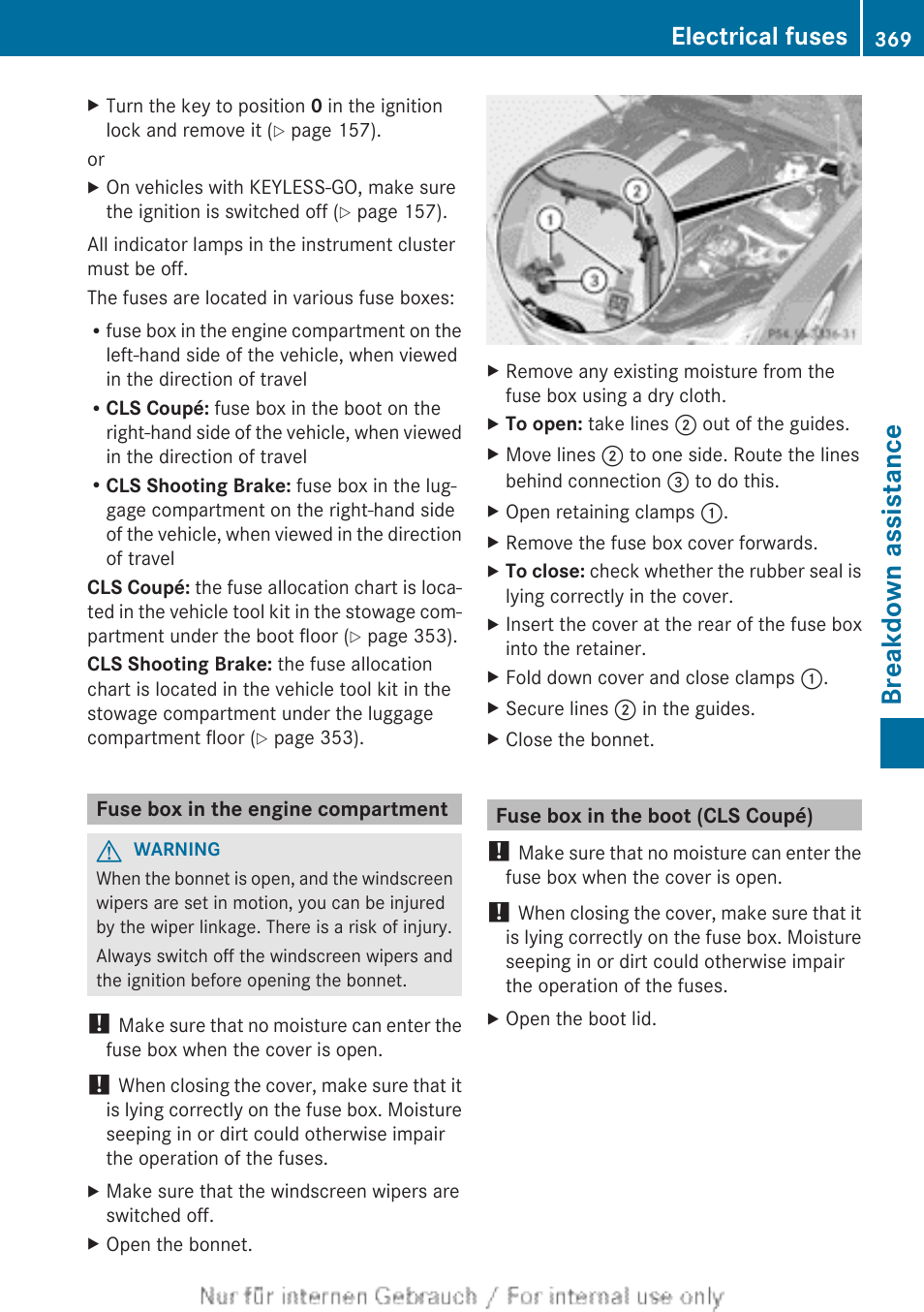 Fuse box in the engine compartment, Fuse box in the boot (cls coupé), Breakdown assistance | Electrical fuses | Mercedes-Benz 2013 GLS Class User Manual | Page 371 / 424