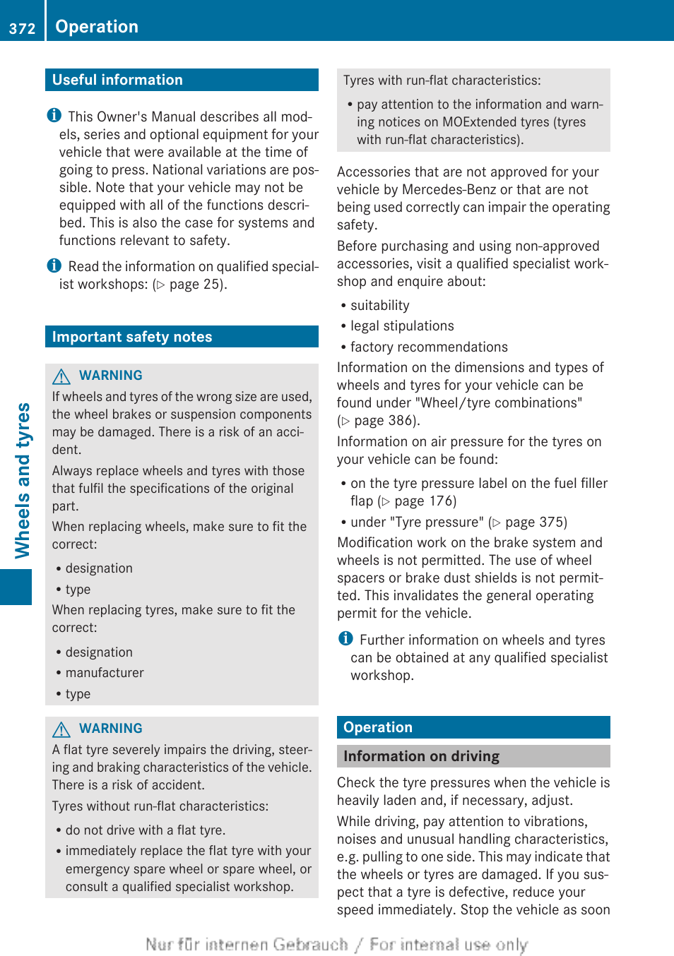 Wheels and tyres, Useful information, Important safety notes | Operation, Information on driving | Mercedes-Benz 2013 GLS Class User Manual | Page 374 / 424