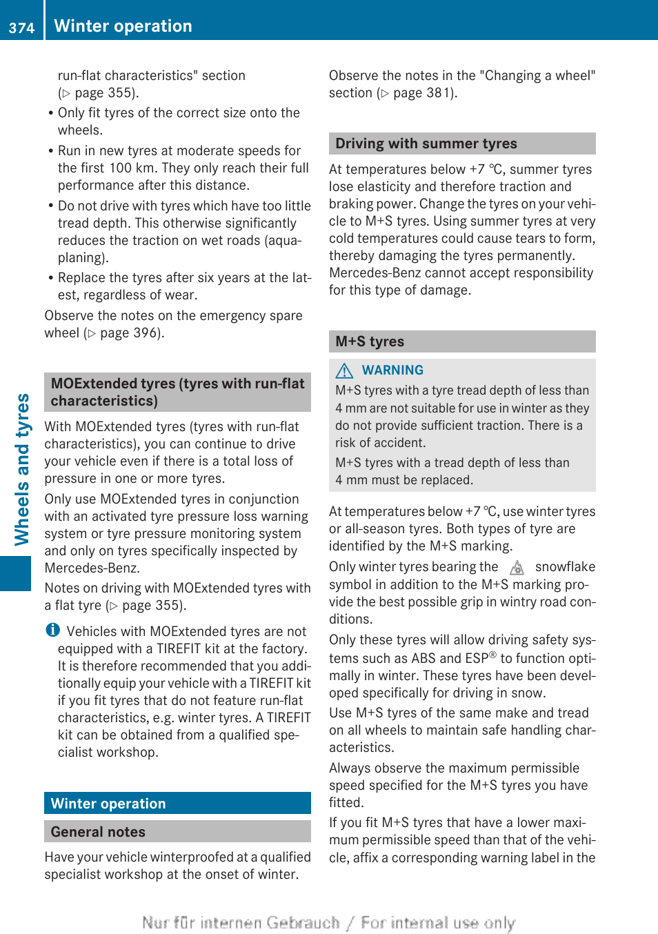 Winter operation, General notes, Driving with summer tyres | M+s tyres, Section, Wheels and tyres | Mercedes-Benz 2013 GLS Class User Manual | Page 376 / 424