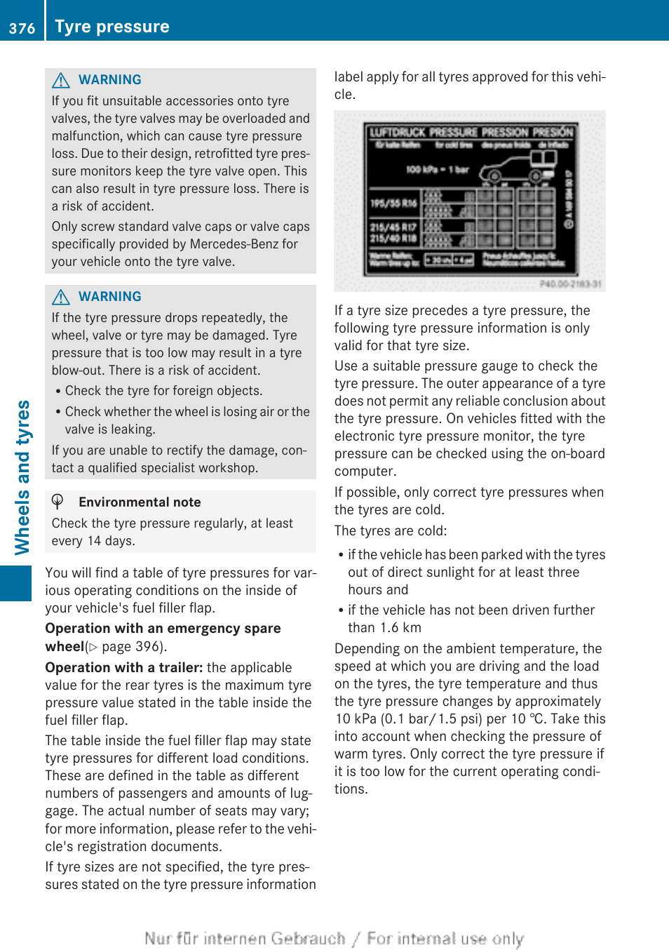 Wheels and tyres, Tyre pressure | Mercedes-Benz 2013 GLS Class User Manual | Page 378 / 424