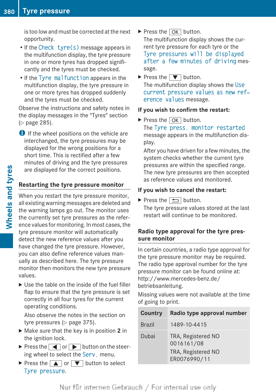 Restart the tyre pressure monitor, Wheels and tyres, Tyre pressure | Mercedes-Benz 2013 GLS Class User Manual | Page 382 / 424