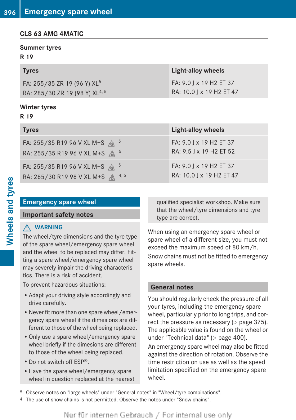 Emergency spare wheel, Important safety notes, General notes | Countries), Wheel, Wheels and tyres | Mercedes-Benz 2013 GLS Class User Manual | Page 398 / 424