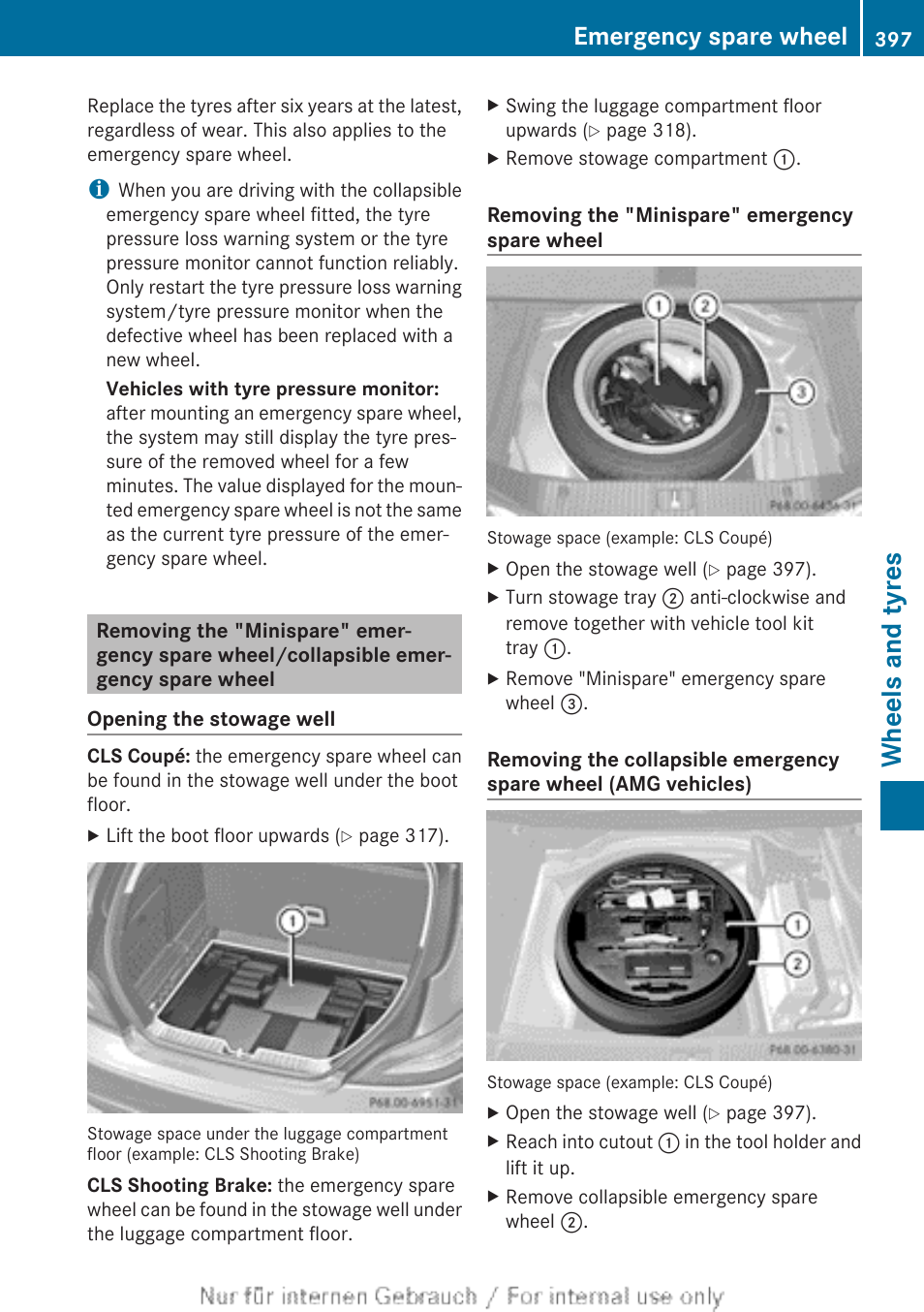 Wheels and tyres, Emergency spare wheel | Mercedes-Benz 2013 GLS Class User Manual | Page 399 / 424