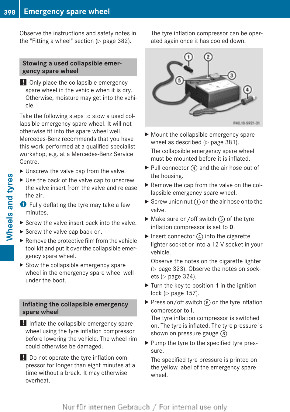 Stowing a used collapsible emergency spare wheel, Inflating the collapsible emergency spare wheel, Gency spare wheel | Wheels and tyres, Emergency spare wheel | Mercedes-Benz 2013 GLS Class User Manual | Page 400 / 424