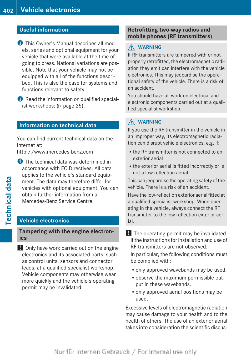 Technical data, Useful information, Information on technical data | Vehicle electronics, Tampering with the engine electronics | Mercedes-Benz 2013 GLS Class User Manual | Page 404 / 424