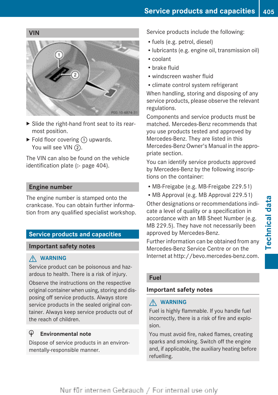 Engine number, Service products and capacities, Important safety notes | Fuel, Technical data | Mercedes-Benz 2013 GLS Class User Manual | Page 407 / 424