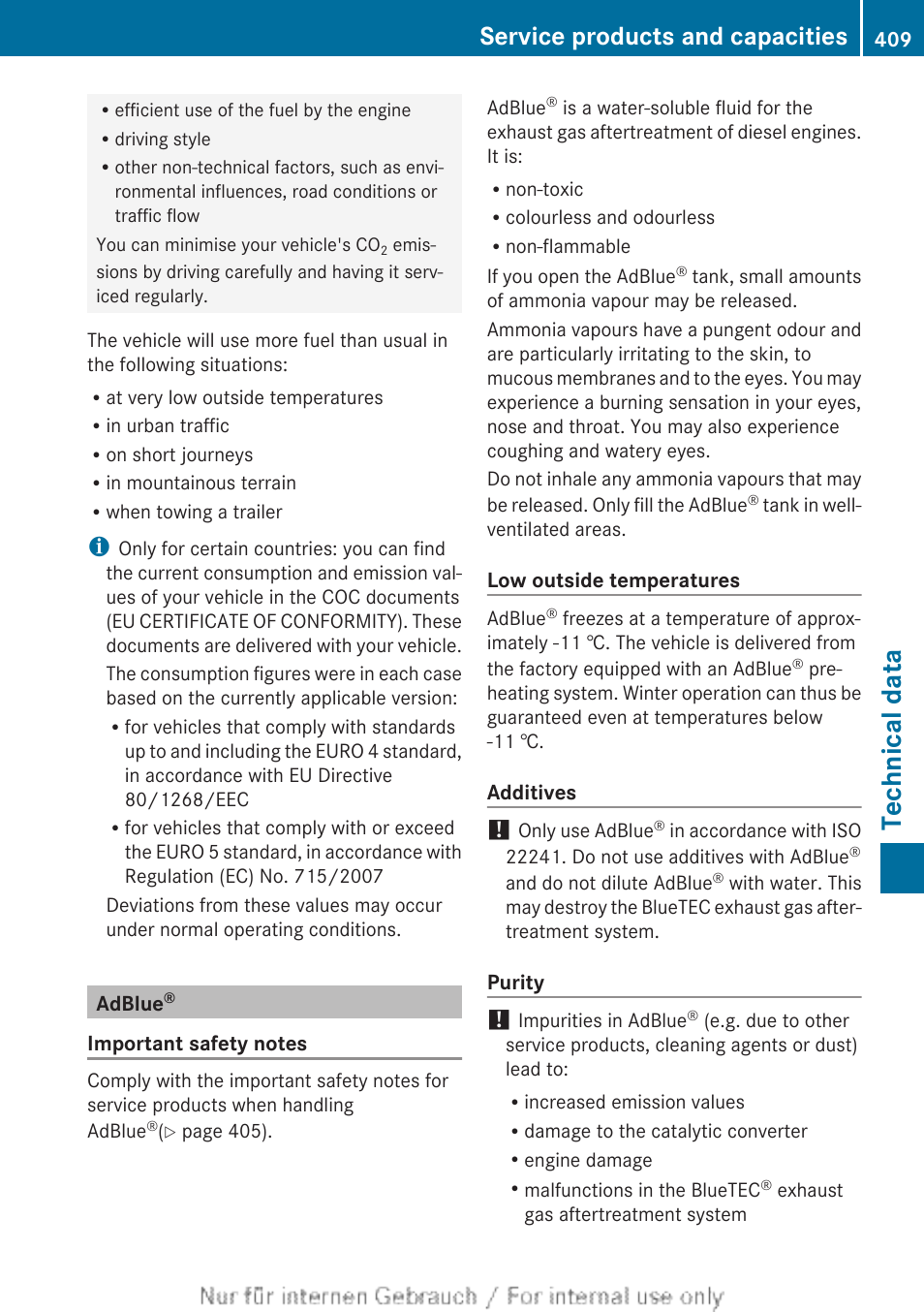 Adblue, Technical data, Service products and capacities | Mercedes-Benz 2013 GLS Class User Manual | Page 411 / 424