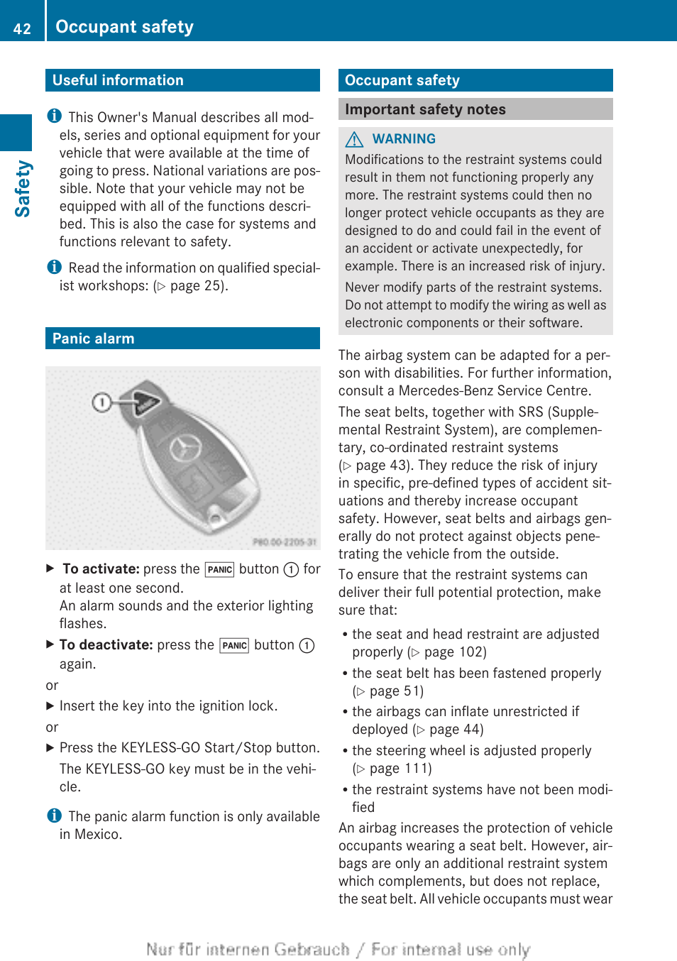 Safety, Useful information, Panic alarm | Occupant safety, Important safety notes, Useful information panic alarm occupant safety | Mercedes-Benz 2013 GLS Class User Manual | Page 44 / 424