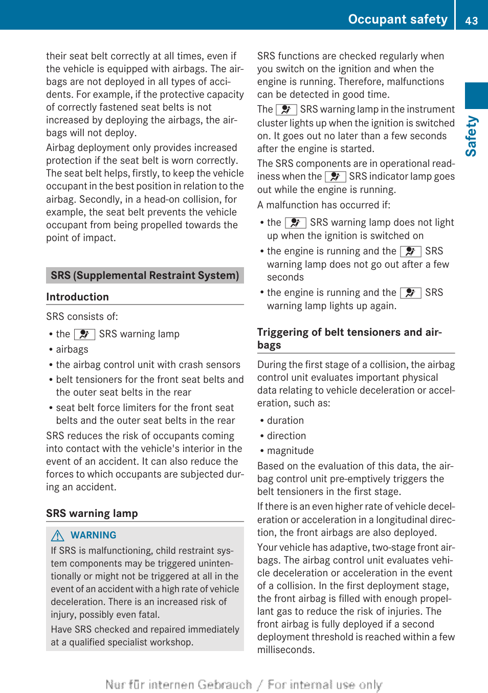 Srs (supplemental restraint system), Safety, Occupant safety | Mercedes-Benz 2013 GLS Class User Manual | Page 45 / 424