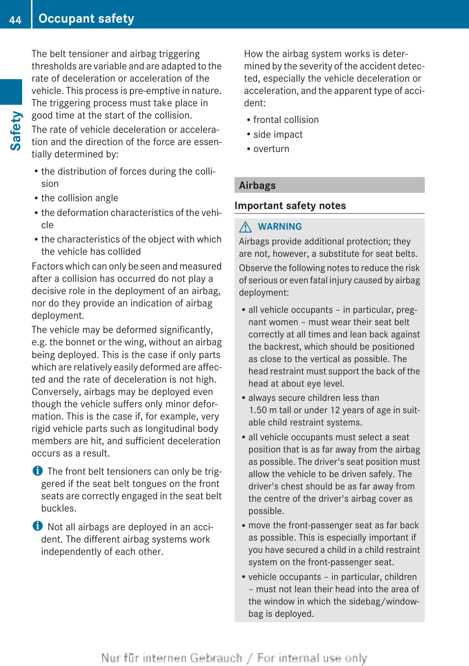 Airbags, Deployed, Safety | Occupant safety | Mercedes-Benz 2013 GLS Class User Manual | Page 46 / 424